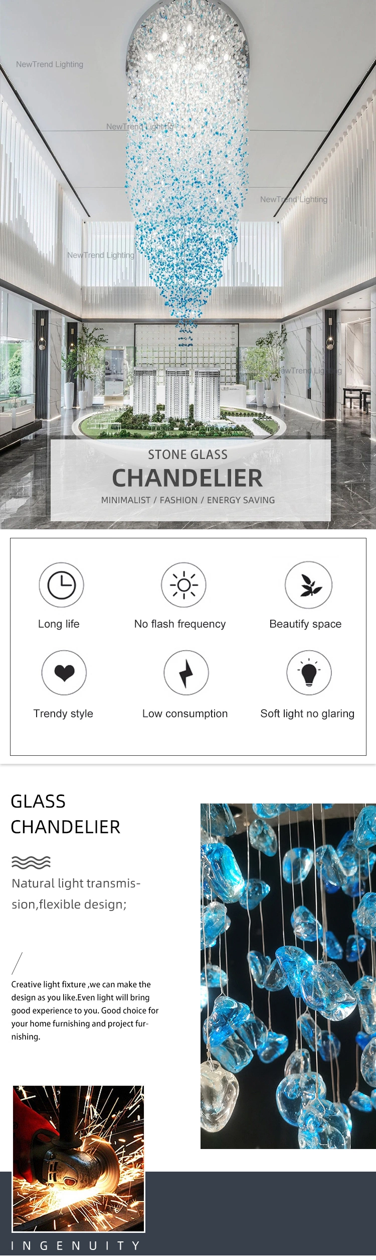 Modern Decorative Glass Stone Light Hotel Lobby Engineering Lamp Custom Chandelier